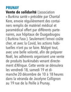 Article paru dans l'Union du mercredi 02 décembre 2020 concernant notre vente de solidarité pour les fêtes de fin d'année.