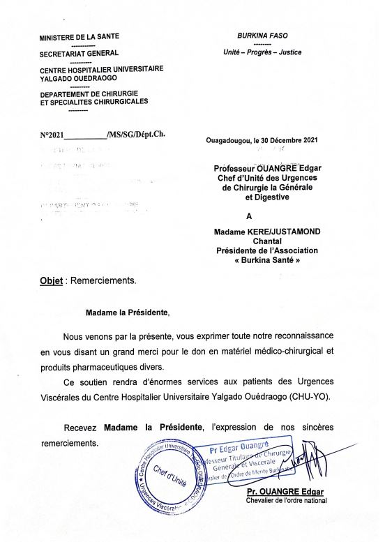 Lettre remerciement du Pr. Edgar OUANGRE