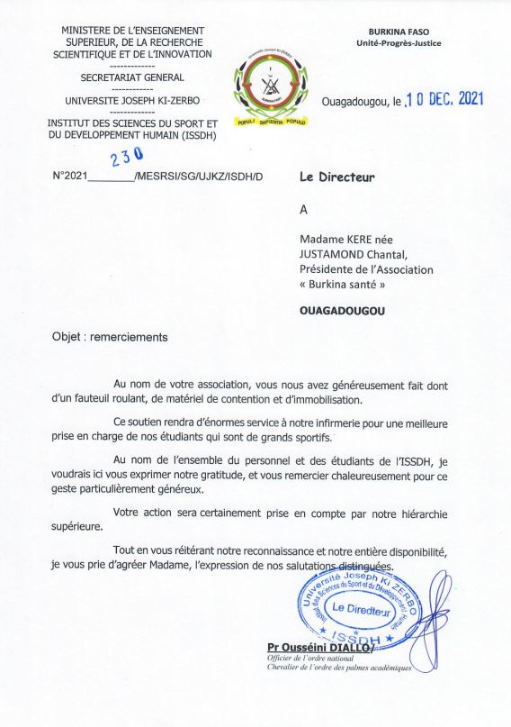 Lettre remerciement du Pr. Edgar OUANGRE