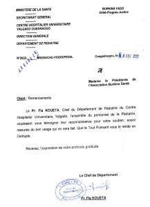Lettre remerciement du Pr. Fla KOUETA