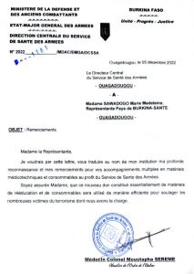 Lettre de remerciement du Médecin Colonel Moustapha SEREM