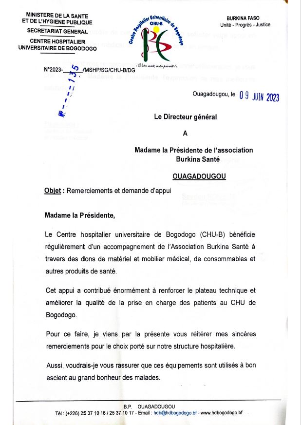 Lettre de remerciement de Mr Seydou NOMBRE