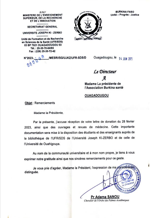 Lettre de remerciement du Pr Adama SANOU