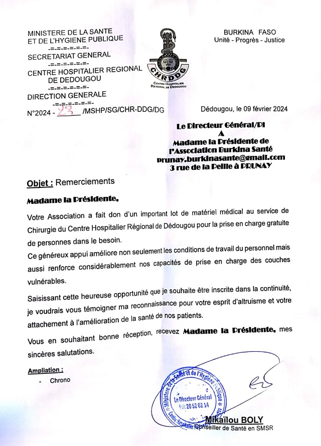 Lettre de remerciement de Mr Mikaïlou BOLY