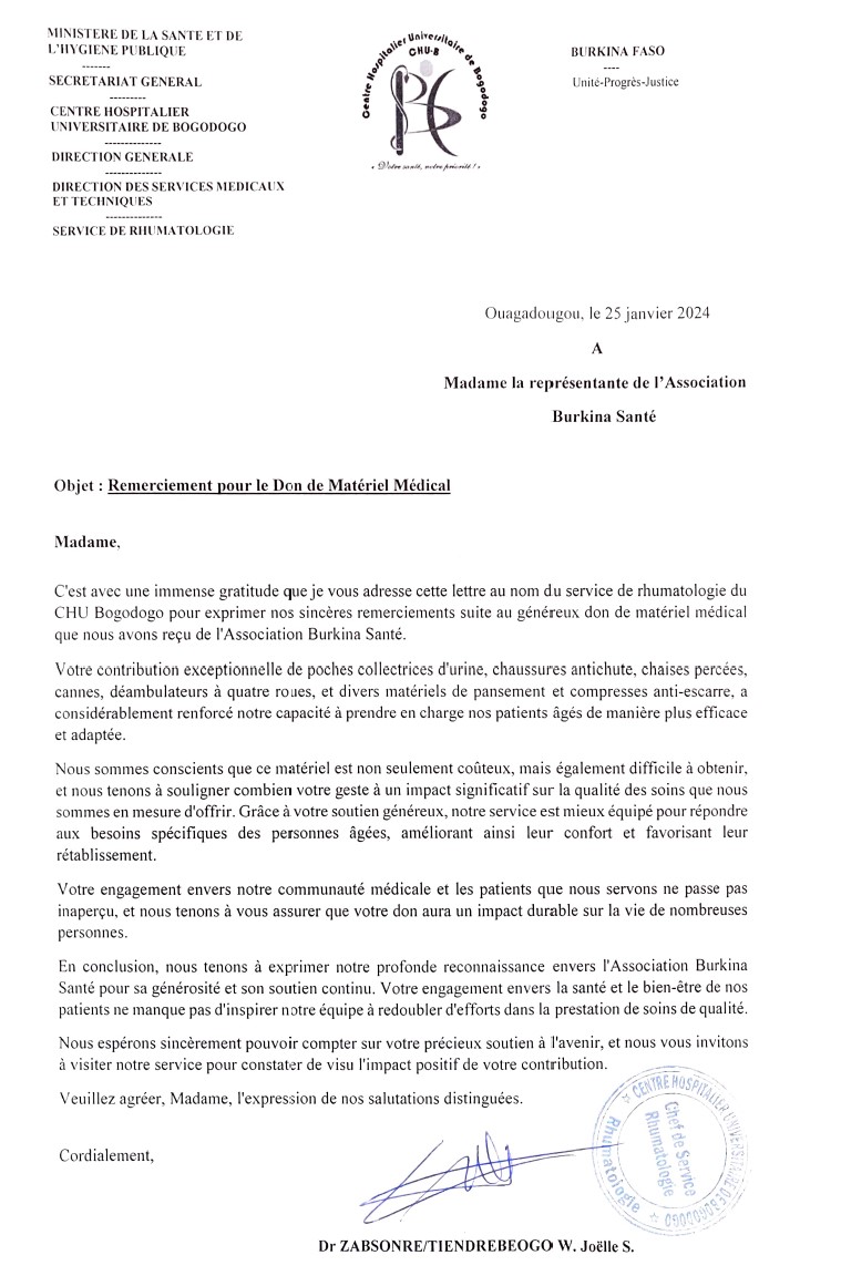Lettre de remerciement du Dr ZABSONRE/TIENDREBEOGO W. Joëlle S.